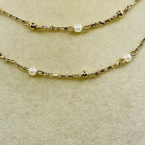 LOFT Gold and Pearl Bead Station Layered Necklace. 14 inches w/a 3 inch extender - Picture 3 of 5